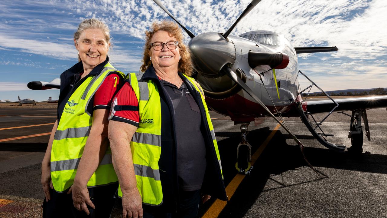 Royal Flying Doctor Service flight nurse Carol Illmayer (left) and senior flight nurse Kathy Arthurs in 2020. Photo: EMMA MURRAY