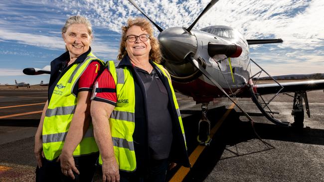 Royal Flying Doctor Service flight nurse Carol Illmayer (left) and senior flight nurse Kathy Arthurs in 2020. Photo: EMMA MURRAY