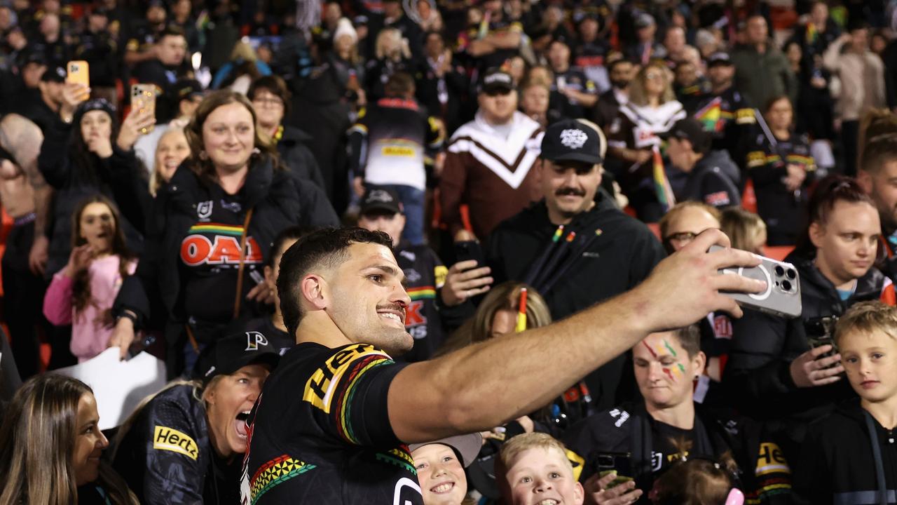 Nathan Cleary mixes with fans at a packed BlueBet Stadium. Picture: Cameron Spencer/Getty Images