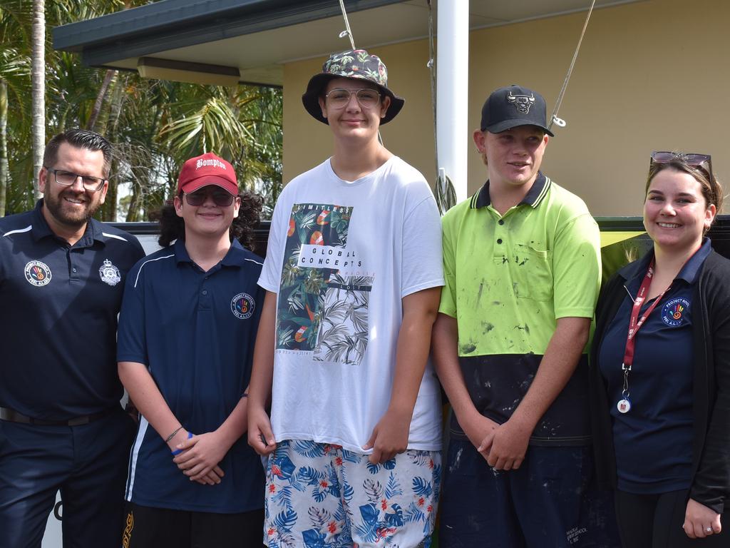 Project Booyah co-ordinator senior constable Keiran Horsfall, graduate Darnell Woodrow, new recruit Lochie Turner, graduate Damian Walker and youth support officer Danica Crebbin, April 16, 2022. Picture: Lillian Watkins