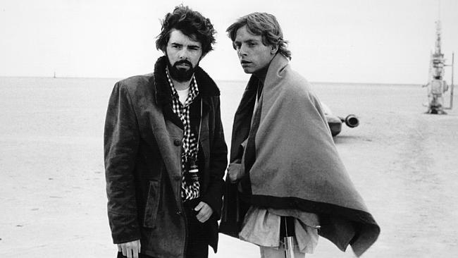  Director George Lucas (l) with actor Mark Hamill on set of film 1977 'Star Wars' film. Picture: Supplied 