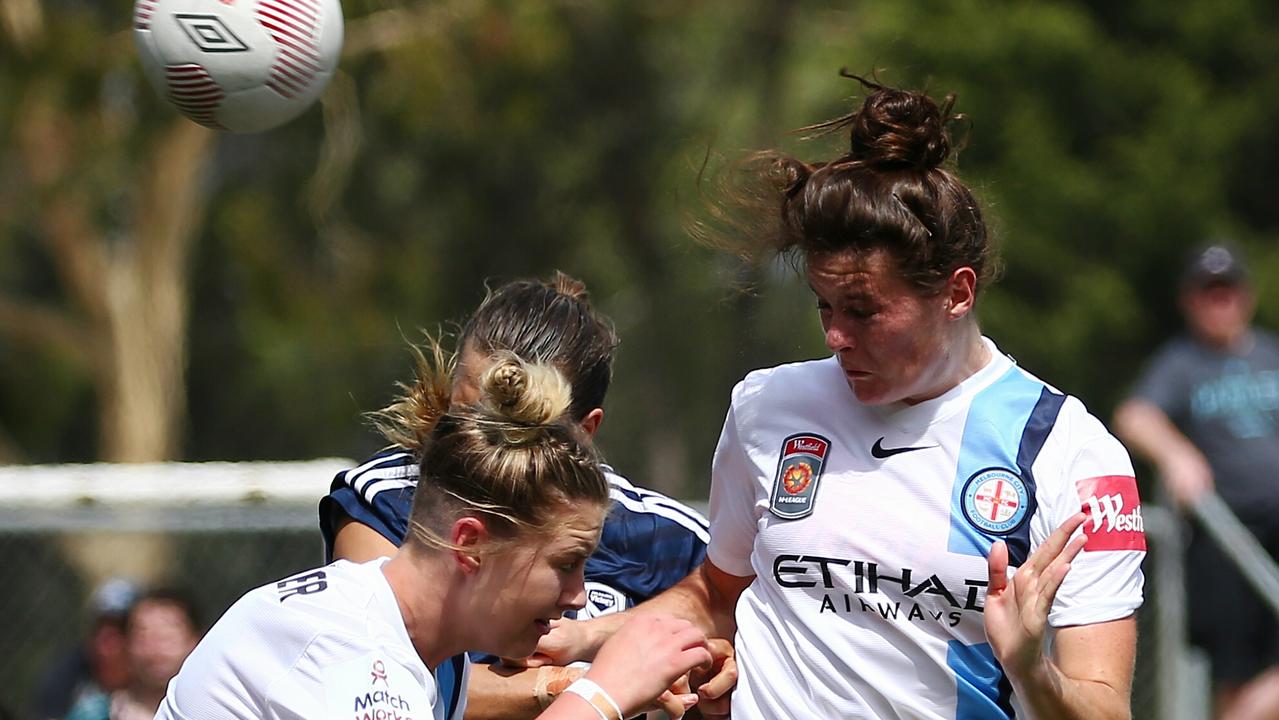W-League derby between Melbourne Victory and Melbourne City at the David Barro Stadium, Bulleen, December 5, Melbourne Australia. Melbourne City's Jennifer Beattie headers in the opener in the first half. Picture : George Salpigtidis
