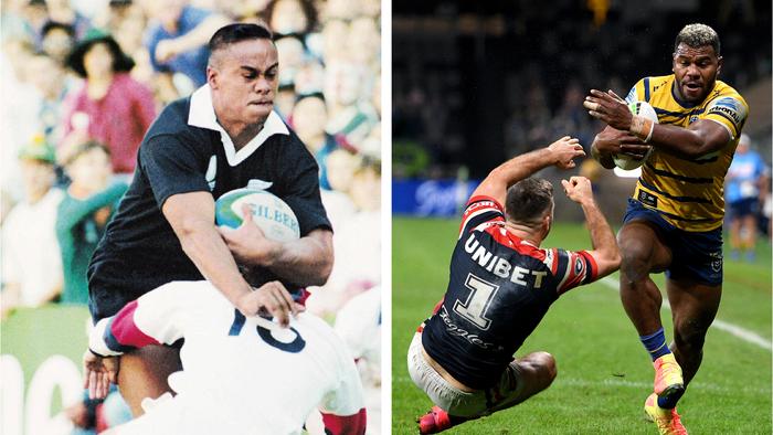 Jonah Lomu (L) and Maika Sivo (R) with mirror-image tries.