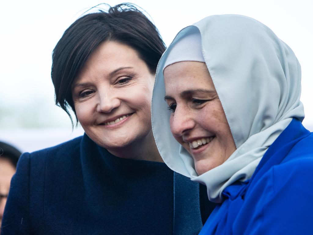 NSW Opposition Leader Jodi McKay with Canterbury Bankstown councillor Nadia Saleh at Lakemba Mosque. Picture: Julian Andrews. Photos can be purchased at newsphotos.com.au