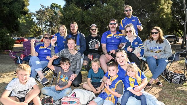 Jayden Watts (back, standing) and fellow Elizabeth fans at South Parklands during the Eagles clash with Adelaide Lutheran. Picture: Brenton Edwards