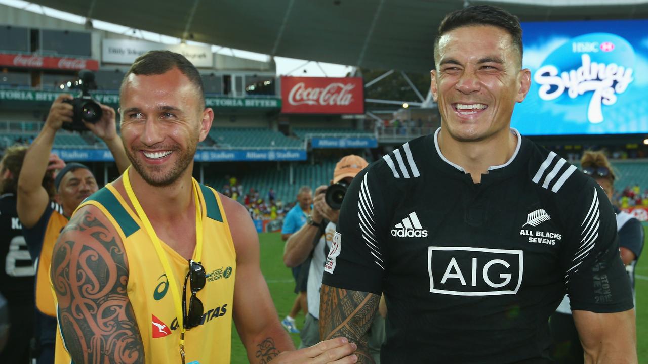 Great mates Quade Cooper and Sonny Bill Williams. Picture: Mark Kolbe/Getty Images