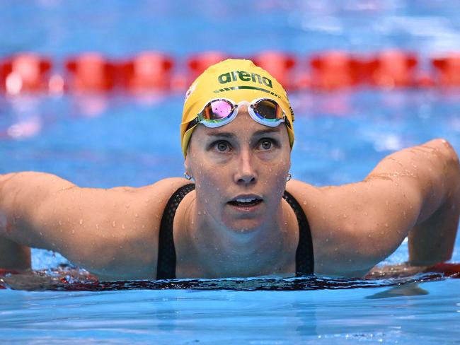 FUKUOKA, JAPAN - JULY 24: Emma McKeon of Team Australia  reacts in the Women's 100m Butterfly Final on day two of the Fukuoka 2023 World Aquatics Championships at Marine Messe Fukuoka Hall A on July 24, 2023 in Fukuoka, Japan. (Photo by Quinn Rooney/Getty Images)