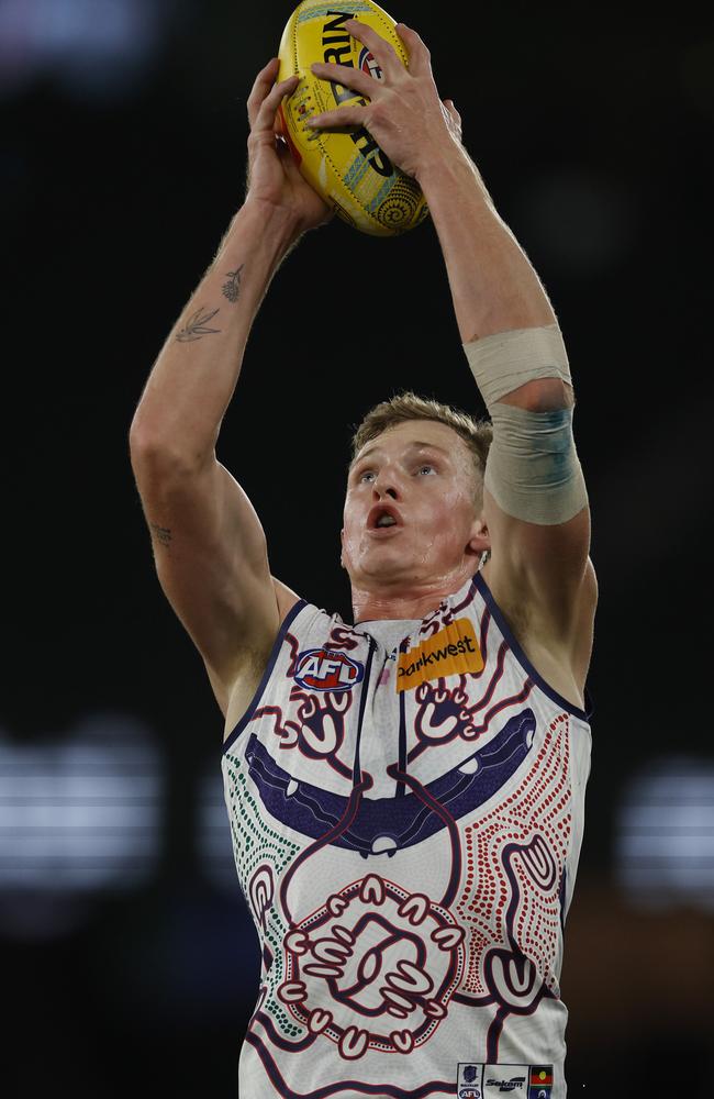 Josh Treacy of the Dockers has shown he’s the future for the Dockers’ forward line alongside Jye Amiss and Luke Jackson. Picture: Michael Klein