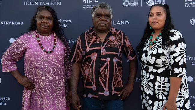 Roseranna Larry, Albi Jack and Hayley Dodd Ikuntji Artists at the 2024 National Indigenous Fashion Awards (NIFA). Picture: Pema Tamang Pakhrin