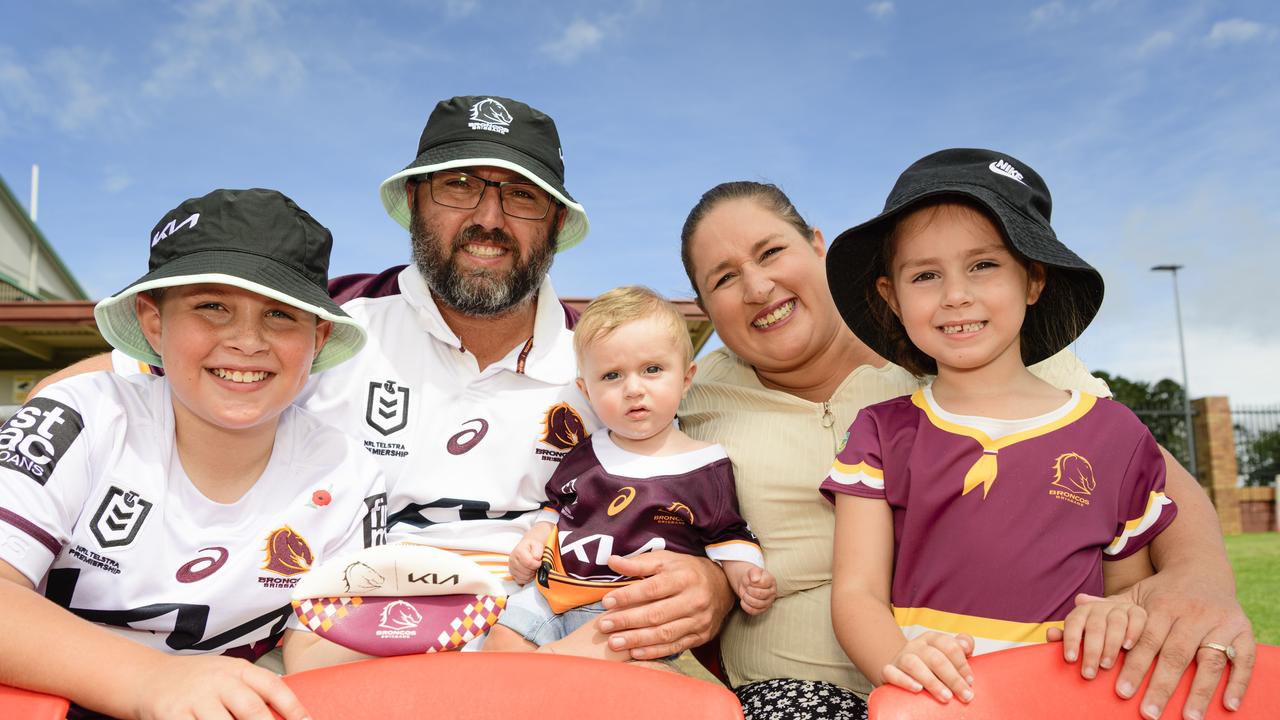 At the Brisbane Broncos Captain's Run and Toowoomba Fan Day are (from left) Lachlan Chettle, Jamie Farrow, Parker Farrow, Natasha Yates and Olivia Farrow at Toowoomba Sports Ground, Saturday, February 15, 2025. Picture: Kevin Farmer