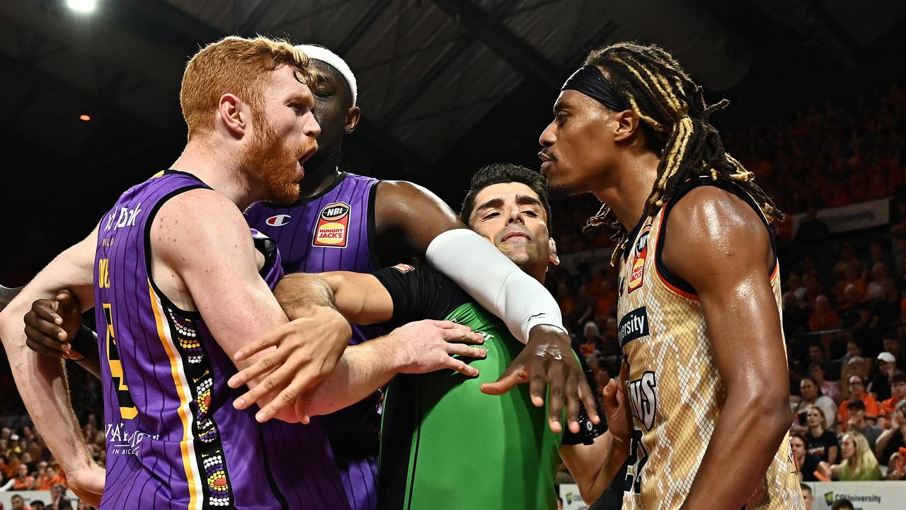 CAIRNS, AUSTRALIA - FEBRUARY 17: Angus Glover and Tahjere McCall of the Taipans exchange words during game two of the NBL Semi Final series between Cairns Taipans and Sydney Kings at Cairns Convention Centre, on February 17, 2023, in Cairns, Australia. (Photo by Emily Barker/Getty Images)