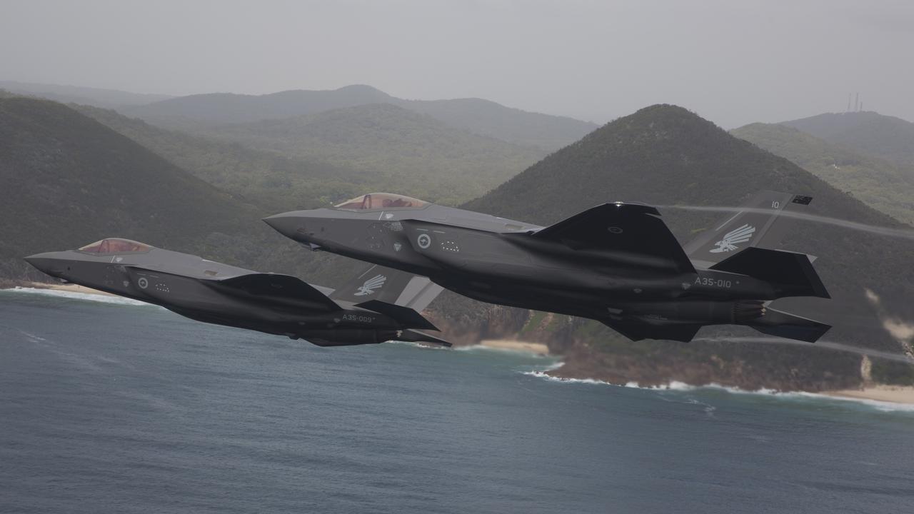 A pair of Royal Australian Air Force F-35A Joint Strike Fighters over Nelson Bay.