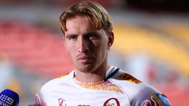 BRISBANE, AUSTRALIA - MAY 30: Wallabies and Queensland Reds player Tate McDermott speaks to the media during a Rugby Australia media opportunity  at Suncorp Stadium on May 30, 2025 in Brisbane, Australia. (Photo by Chris Hyde/Getty Images for Rugby Australia)