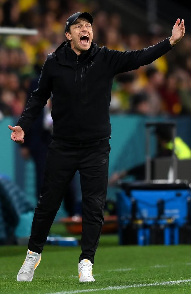 Tony Gustavsson yells instructions to the Matildas during a stunning World Cup loss against Nigeria. Picture: Justin Setterfield/Getty Images