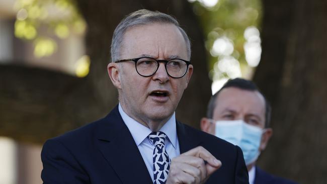 Labor Leader Anthony Albanese speaks to the media at a press conference at Bentley Hospital, which is in the Swan electorate, in Perth.