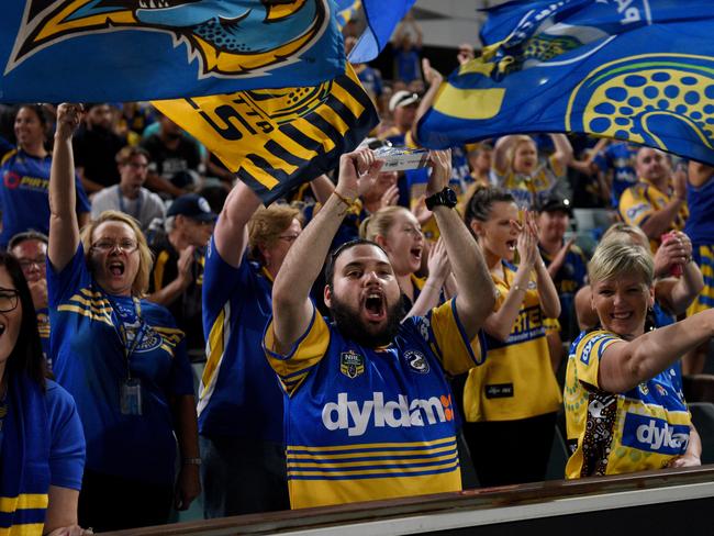 Eels fans wave the flag during the round 2 match between Parramatta and the North Queensland Cowboys at Pirtek Stadium on March 12 / Picture: AAP