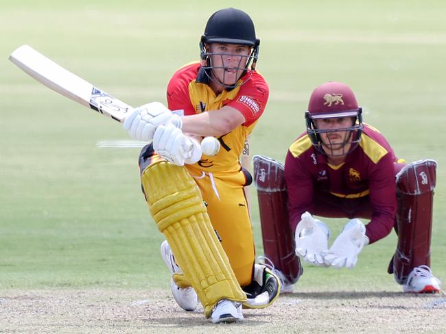 Premier: St Kilda’s Marcus Harris plays a reverse sweep. Picture: Georg Sal