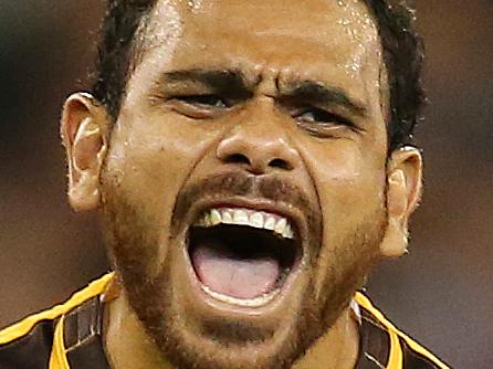 AFL Round 1. Hawthorn vs Collingwood at the MCG. Hawthorn's Cyril Rioli celebrates his goal in the third quarter  . Pic: Michael Klein