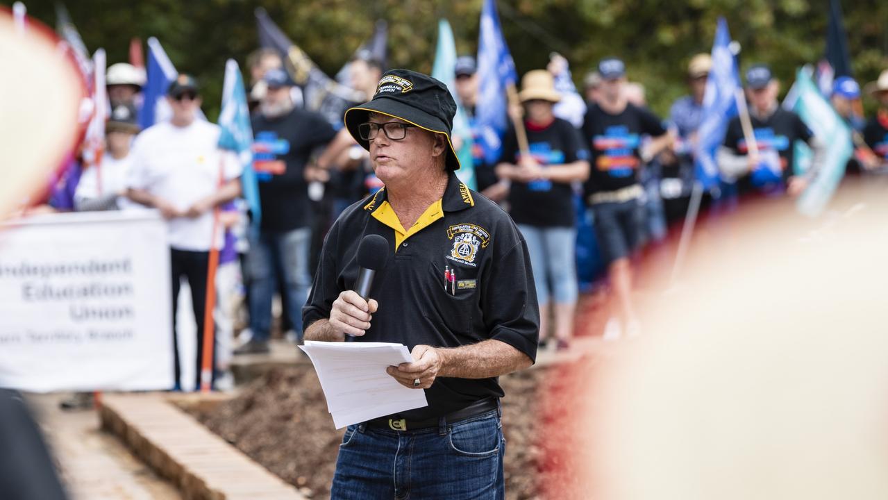 Queensland Council of Unions Toowoomba president Ronnie Weston speaks before the Toowoomba Labour Day march, Saturday, April 29, 2023. Picture: Kevin Farmer