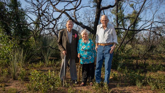 Kangaroo Island soldier settlers Dudley Roberts, 97, Ivy Wooton, 97, and Des Johnston, 95 Picture: Amy Pysden