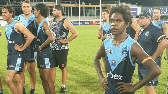 Djamatjama Wunungmurra, right front, impressed on debut for the Buffaloes with four goals.