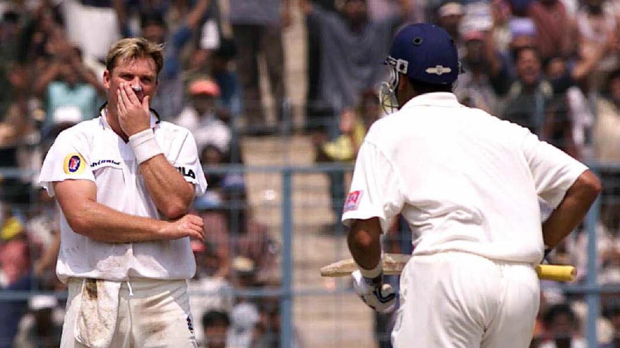 14/03/2001. Australia's tour of India. Second Test, Australia v India at Eden Gardens in Calcutta. Day 4. Shane Warne looks on as V V S Laxman scores another boundary. cricket.