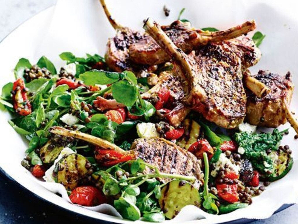 Lamb cutlets with lentil salad and mint and watercress pesto.