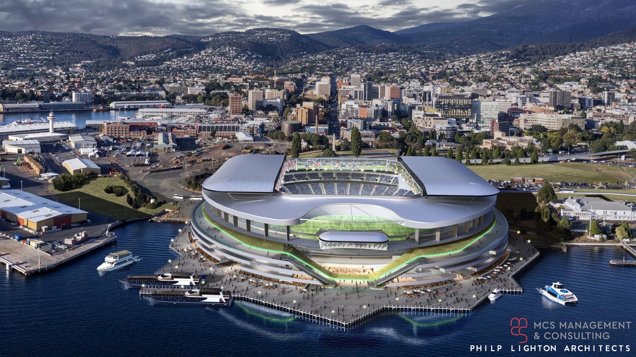 Artists impression of the new AFL/multipurpose Hobart Stadium.