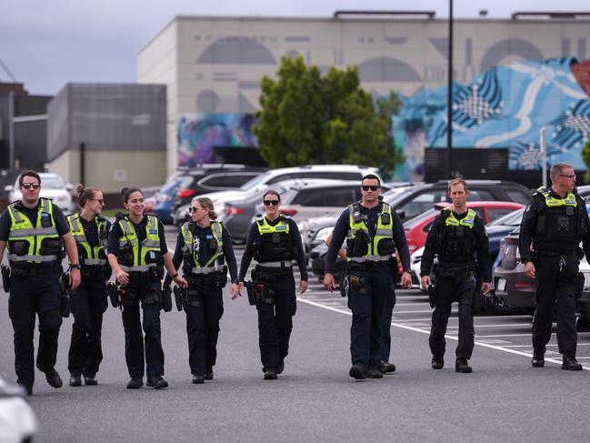 Officers from the Frontline Tactical unit and Proactive policing unit patrol the Fountain Gate shopping centre carpark. Picture: Penny Stephens