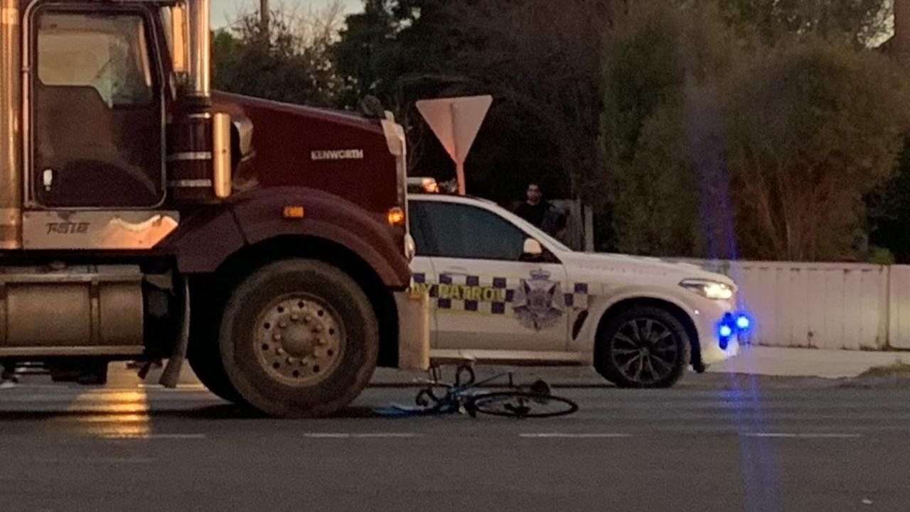 The man’s bike can be seen dangerously closed to the truck. Picture: Lincoln Holmes.