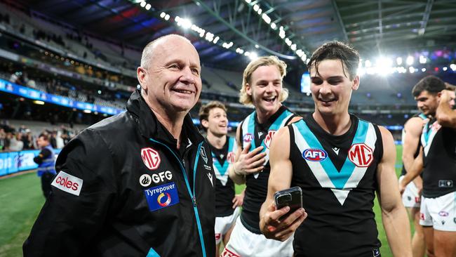 Power coach Ken Hinkley celebrates during the 2023 AFL Round 13 match between the Western Bulldogs and the Port Adelaide Power at Marvel Stadium. Picture: Dylan Burns/AFL Photos