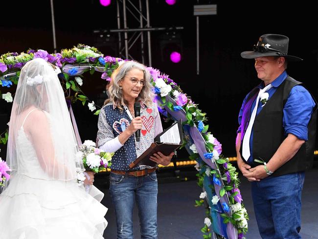 Simone Ward and Geoffrey Borninkhof, were married on The Hill Stage at Gympie Music Muster. Picture: Patrick Woods.