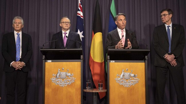 Anthony Albanese – with former Labor defence minister Stephen Smith (far left), Richard Marles and former defence force chief Sir Angus Houston – was forced to defend the appointment of Smith to lead a major strategic review. Picture: NCA NewsWire/Gary Ramage