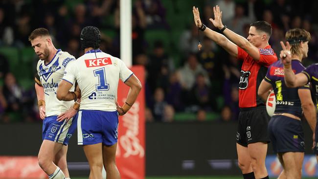 Sam Hughes was sin-binned over a forearm to the face of Melbourne’s Christian Welch. Picture: Getty Images