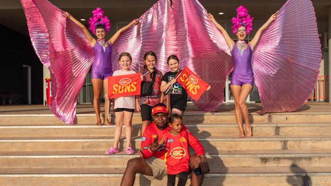 Ma’Kaylah O’Connell, Graice Talbot, Lily Bamblatt, Edward White and OÃ&#149;shearna White at the 2024 AFL match between Gold Coast Suns and North Melbourne at TIO Stadium. Picture: Pema Tamang Pakhrin