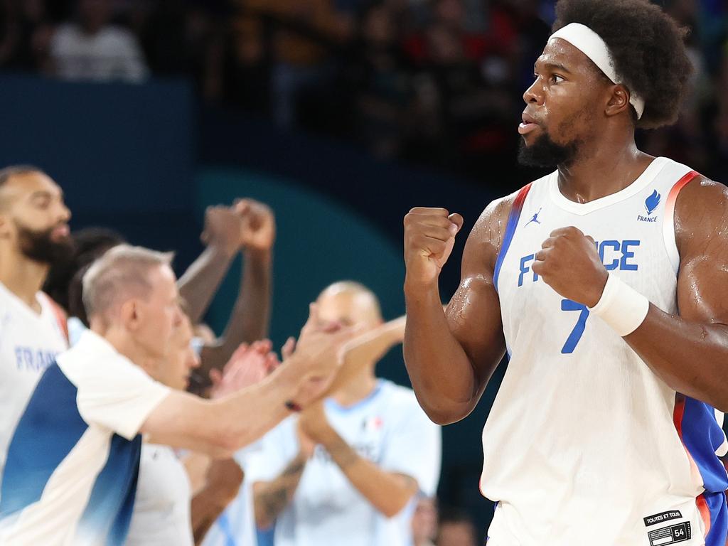 Guerschon Yabusele celebrates France’s Olympic semi final win over Germany. Picture: Ezra Shaw/Getty Images