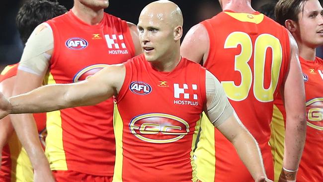 Gary Ablett celebrates a goal against the Cats. Picture: Getty Images