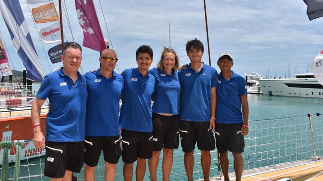 Dickie Danby, Frank Zeng, Daniel Roberts, Jessica Fletcher, Justin Zhol and Arnold Wang aboard the Zhuhan in Airlie Beach for the Clipper Race 2023-2024. Picture: Estelle Sanchez