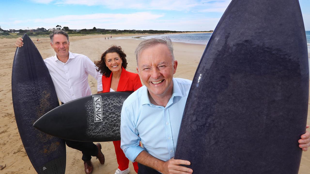 Richard Marles, Libby Coker and Anthony Albanese at Torquay in 2021. Picture: Glenn Ferguson.