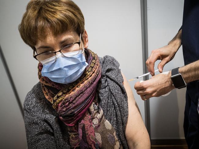 A woman receives the AstraZenca vaccine at the Royal Exhibition Building Covid-19 Vaccination Centre in Melbourne. Picture: Getty Images