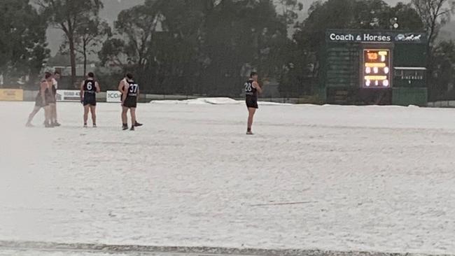 A EFL game was stopped at Jubilee Park in Ringwood after a hailstorm hit. Picture: @RwdFootballclub