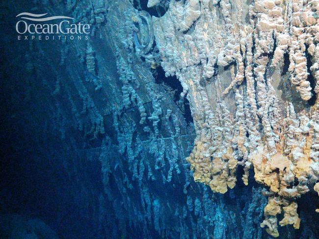 The rusticles covering the Titanic wreck, captured through the viewport of the Titan on an OceanGate expedition. Picture: OceanGate/Facebook