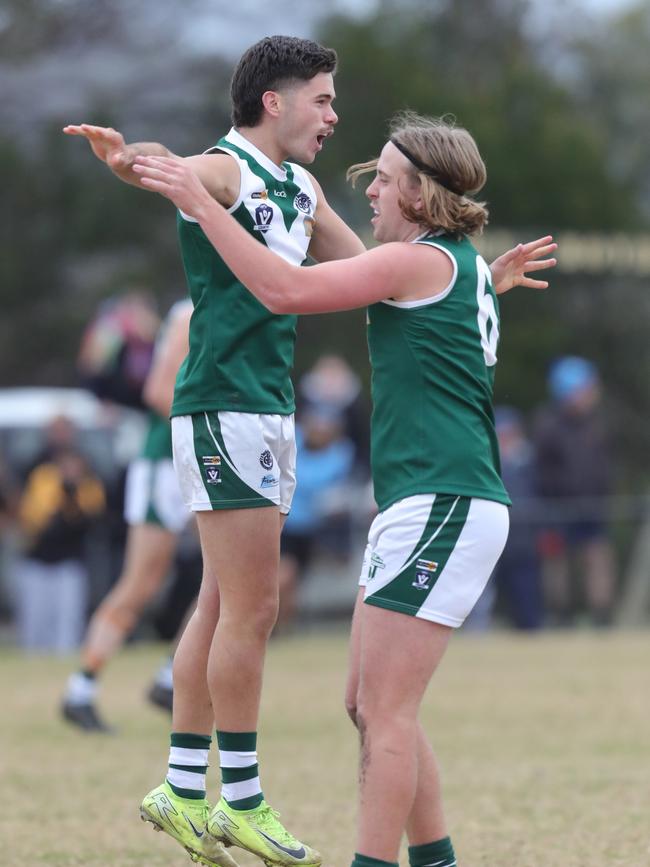 Bell Park’s Jack Sarcevic celebrates a goal with teammate Jett Bermingham. Picture: Mark Wilson