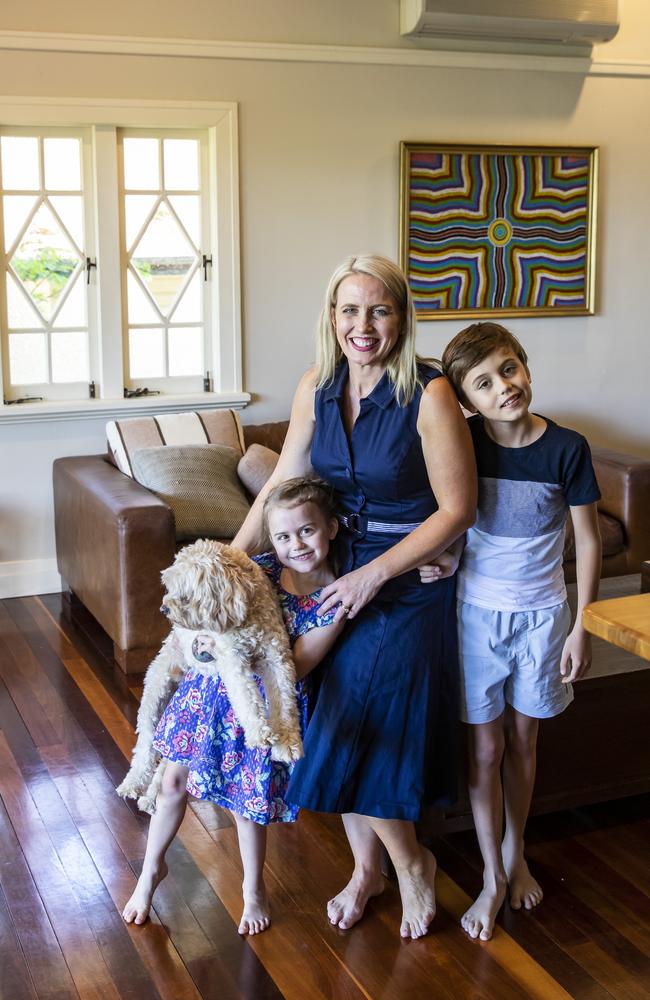 Kate Jones at home with children Grace and Thomas, and dog Alfie. Picture: Mark Cranitch