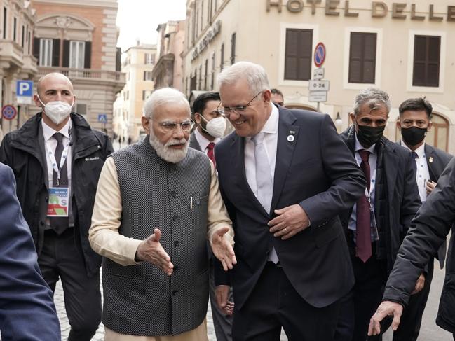 Australian Prime Minister Scott Morrison and Indian President Nerandra Modi talk before the start of the second day of the G20 in Rome. Picture: Adam Taylor