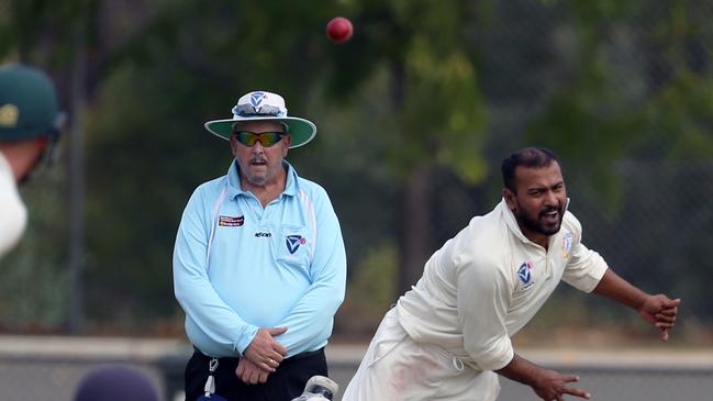 Issy Perera sends one down for Noble Park. Picture: Stuart Milligan