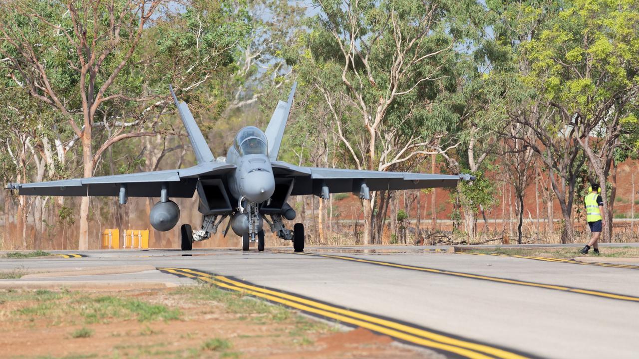 A Royal Australian Air Force F/A-18F Super Hornet taxis from the ordnance loading area at RAAF Base Tindal in the Northern Territory, one of Australia’s key air bases.