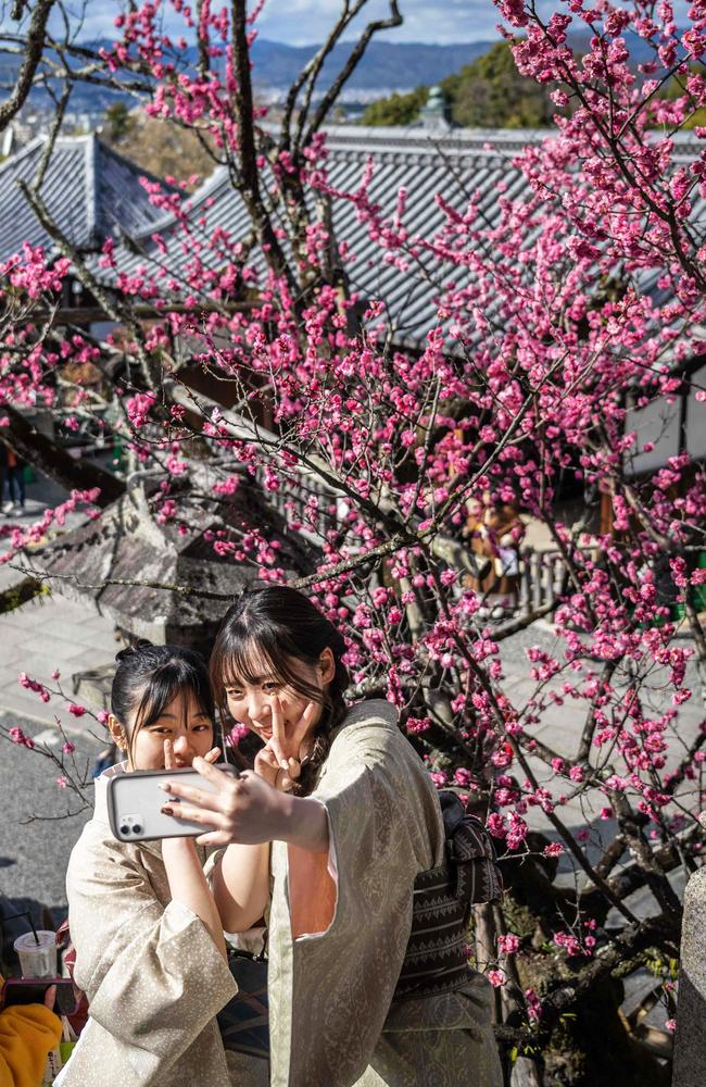 Women celebrate the start of spring at Kiyomizu-dera Temple in Kyoto. Picture: Yuichi Yamazaki/AFP