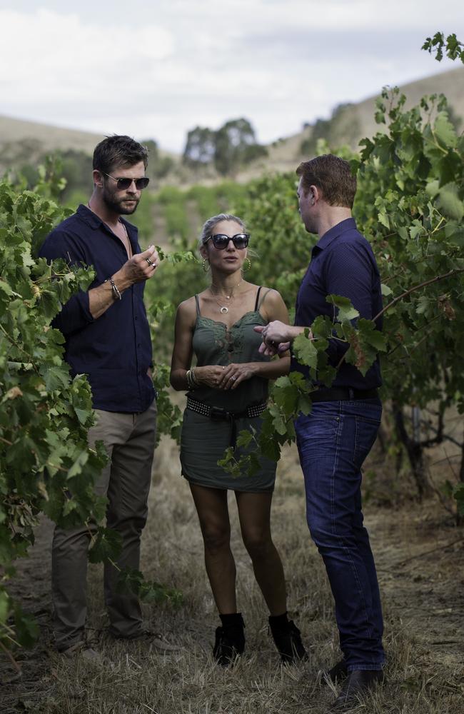 Chris Hemsworth and Elsa Pataky among the vines at Jacob’s Creek. Picture: Cristian Prieto