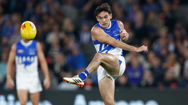 Zac Fisher has been an attacking weapon of half-back for the Kangaroos. Picture: Michael Willson/AFL Photos via Getty Images